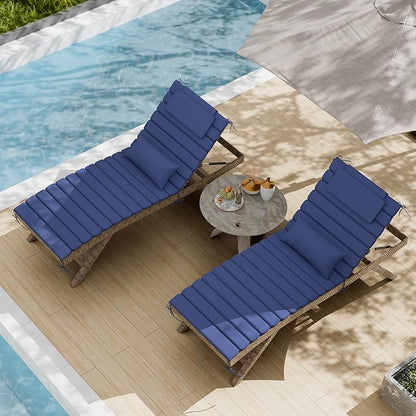 2 Sets of Outdoor Water-Resistant Olefin Chaise Lounge Cushions with Headrest and Pillow, Weather and Fade Resistant Foldable Quilted Lounge Chair Pads with Straps, Dark Blue, 73" L x 22" W