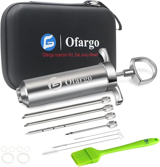 Ofargo Stainless Steel Meat Injector Syringe with 4 Marinade Needles and Travel Case for BBQ Grill Smoker, Father Day Gifts for Dad Husband Men Him