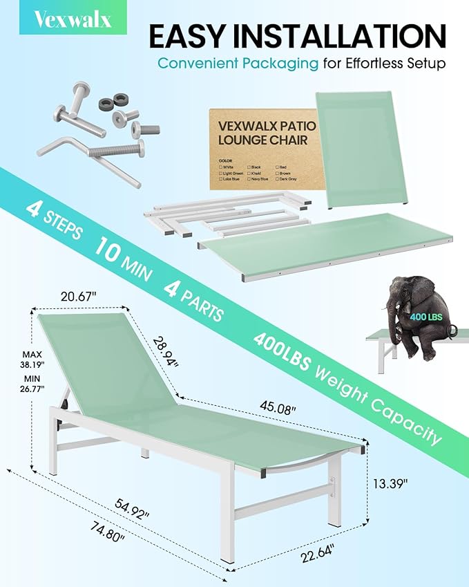 Vexwalx Outdoor Lounge Chair for Pool, Aluminum Chaise Lounge Chairs with 5-Position Recliner, Patio Lounge Chair for Backyard, Poolside, Deck, Lawn (LightGreen)