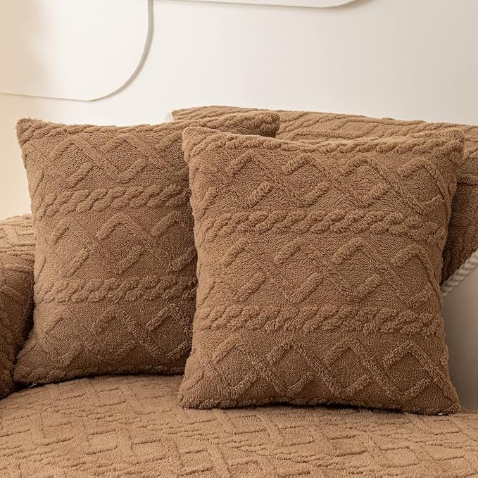vctops Pack of 2 Geometric Jacquard Plush Throw Pillow Covers for Couch Bed Sofa Farmhouse Neutral Solid Color Soft Cushion Covers (Coffee,18"x18")