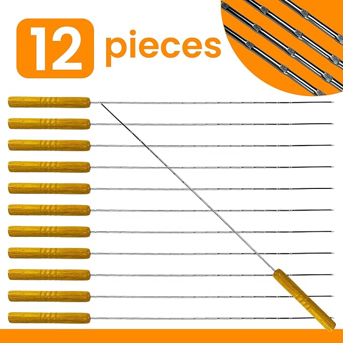 12 Metal Skewers with Wooden Handles, 16 inch BBQ Kabob