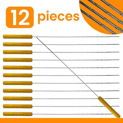 12 Metal Skewers with Wooden Handles, 16 inch BBQ Kabob