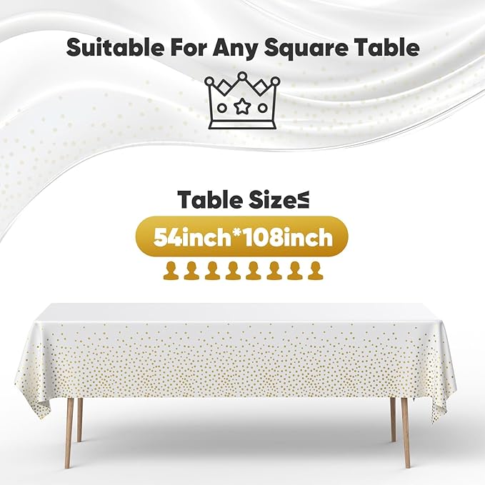 12Pack Plastic Table Cloth Disposable, 54”x108” White and Gold Table Cloths for Parties, Waterproof and Greaseproof Gold Dot Rectangles Tablecloth for Party Decorations BBQ,Wedding,Fine Dining