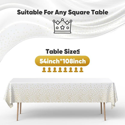 12Pack Plastic Table Cloth Disposable, 54”x108” White and Gold Table Cloths for Parties, Waterproof and Greaseproof Gold Dot Rectangles Tablecloth for Party Decorations BBQ,Wedding,Fine Dining