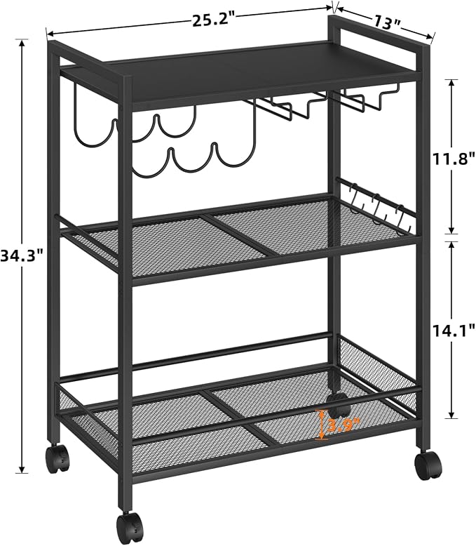 Joaxswe Bar Cart,3-Tier Home Bar Serving Cart with Lockable Wheels,Black | Microwave Cart,Mobile Kitchen Shelf,Rolling Beverage Cart with Wine Rack and Glass Holder for Kitchen,Dinning Room
