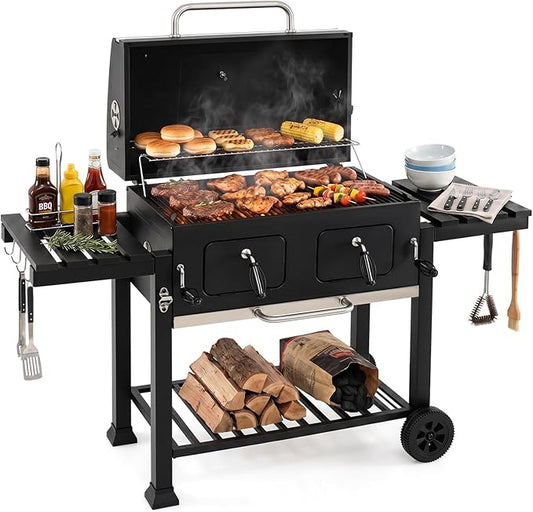 HAPPYGRILL Charcoal Grill, 752 sq.in Oversized Outdoor Smoker BBQ Grill with Individual Lifting Charcoal Trays, Folding Side Tables, Thermometer, Wheels, Bottle Opener & Protective Cover, Black
