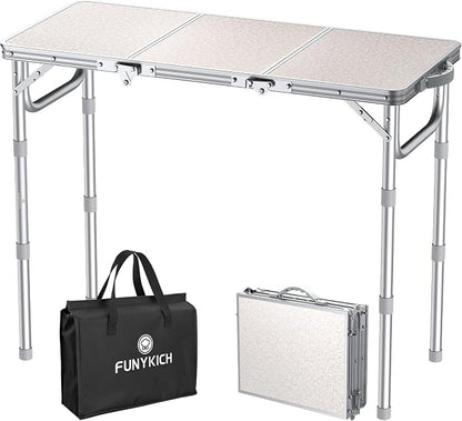 FUNYKICH 3ft Folding Camping Table, 3 Height Adjustable Max 27.5'', White | 34.2''x15.7'' Tabletop, Aluminum Lightweight Design, Portable Picnic Table for Car Camping Outdoor Backyard BBQ Beach
