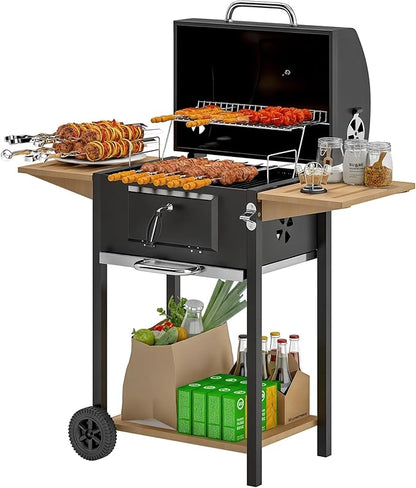 Charcoal BBQ Grill with 245 sq. in. Cooking Area, Outdoor Barbecue Grill with Adjustable Charcoal Pan, 3 Shelves, Thermometer, Wheels, Black