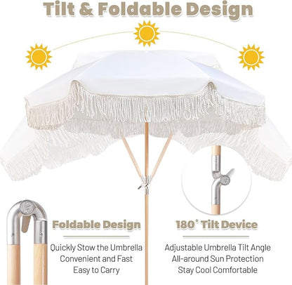 Lefedrasticity Boho Outdoor Umbrella with Tassels,6ft Table Umbrella Outdoor Patio with Knobs Tilt,Wind Resistant Portable Beach Umbrella UPF50+ Fringe Umbrellas For Pool Backyard Deck Garden