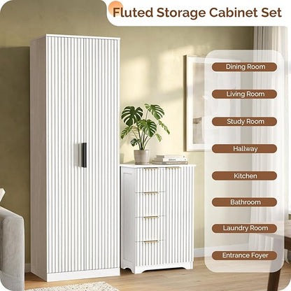 VINGLI Fluted Sideboard Buffet Cabinet, Modern White Wood Storage Console with Doors and Drawers, Multi-Function Storage Cabinet for Living Room, Dining Room, Kitchen, White