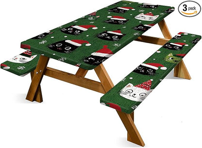 Christmas Picnic Table cover with Bench Cover, Outdoor Picnic Table Elastic Tablecloth, Christmas Hat Green Cat Design, Camping, Barbecue and Holiday Party Tablecloth