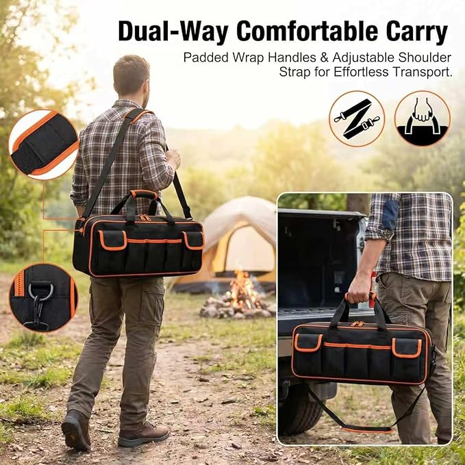 Grill Tool Storage Bag, 22"Large Capacity BBQ Tool Bag with 6 Pockets, 1680D Heavy Duty Blackstone Griddle Accessories Storage, Outdoor Camping Utensil Organizer with Shoulder Strap, Bag Only