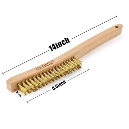 MAXMAN Brass Brush 2Pcs, 14" Soft Brass Bristle, Rust & Weld Cleaner | Wire Brushes for Cleaning Metal Rust, Beechwood Handle, for Metal Rust/Welds, Ideal for Delicate Surfaces, Large Size