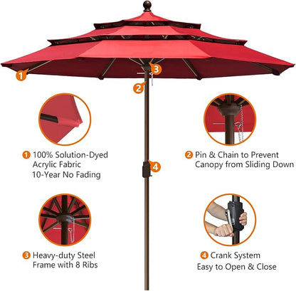 EliteShade USA 10-Year-Non-Fading 10ft 3-Tier Market Patio Umbrella, Commercial Grade Outdoor Table Umbrella with Crank Open, Windproof & UPF 50+ UV Protection, Heavy Duty Ventilation for Garden, Deck, Pool, Backyard, Beach & Bistro, No Tilt, Logo Red