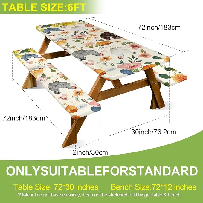 FOREVER QUEEN Picnic Table Cover with Bench Covers 72in,Waterproof Windproof Fitted Tablecloth,Farm Chicken with Floral Print Camping Essentials with Drawstring Bag for Patio,Park & Backyard