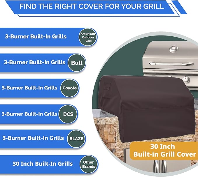 Covers & All Built-in Grill Cover for Outdoor Grill – Heavy Duty 12 oz Waterproof Built-in BBQ Grill Cover, PVC-Coated Polyester with Elastic Hem for Snug Fit (30 x 26 x 14 inches, Coffee)