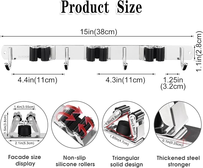 2 Pack Broom Holder Wall Mount, 3 Racks 4 Hooks Mop and Broom Organizer | Mop Holder Wall Mount and Broom Hanger for Garage, Laundry Room, Kitchen and Utility Storage