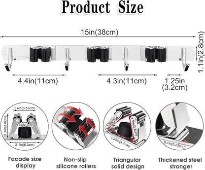 2 Pack Broom Holder Wall Mount, 3 Racks 4 Hooks Mop and Broom Organizer | Mop Holder Wall Mount and Broom Hanger for Garage, Laundry Room, Kitchen and Utility Storage