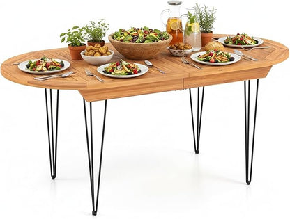 Tangkula 71" Outdoor Dining Table for 6, Oval Teak Wood 6 Person Patio Table with 2" Umbrella Hole, Metal Legs, Safety Locks and Wood Tabletop, Outside Table for Garden, Poolside & Backyard