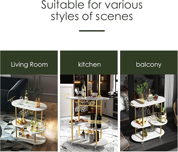 Gold Bar Carts with 4-Tier Storage Shelves, Mobile Bar Serving Cart with Wine Rack and Glass Holder, for The Home, Kitchen, Living Room, Dining Room