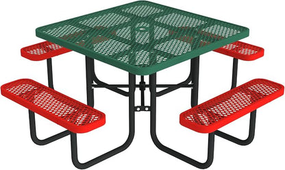 Norwood Commercial Furniture Open Air Series Heavy Duty Portable Square Surface Mount, 46-Inch Outdoor Picnic Table, Green Top/Red Seat