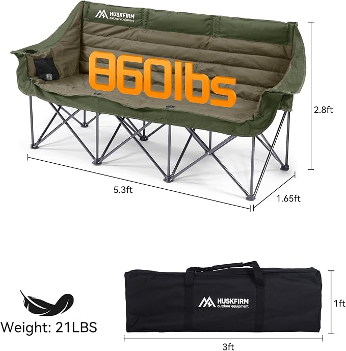 Huskfirm 3 Person Camping Chairs Folding Double Camp Chair for Adults Green | Oversized Loveseat Camping Chair Padded Heavy Duty Camping Couch for Outdoor Lawn with Two Cup Holders and Carry Bag
