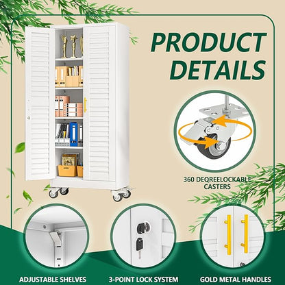 winiowa 71" Tall Metal Garage Storage Cabinet with Wheels, Steel Locking Rolling Tool Cabinet with 4 Adjustable Shelves for Garage,Home,Office (White)