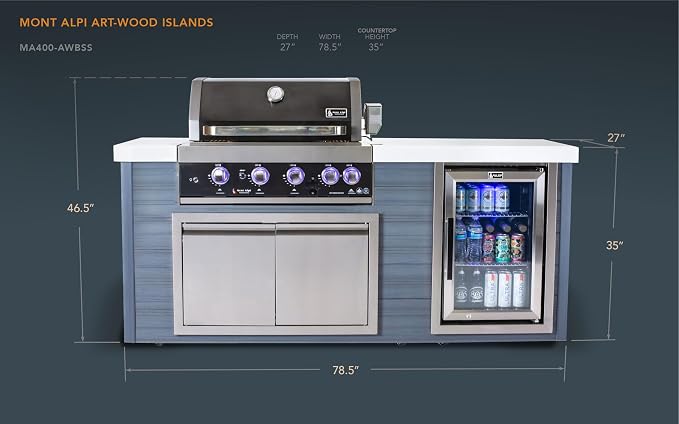 Mont Alpi Artwood Series - 78"W x 47"H x 27"D All Weather HDPE Outdoor Kitchen Island + Refrigerator & Double Access Doors + 32"W Black Stainless Steel 4-Burner Built-in BBQ Gas Grill + Rotisserie Kit