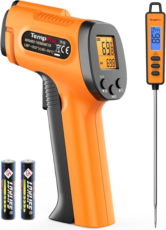 TempPro TempScan Infrared Thermometer Gun with Super Long Meat Probe | Temperature Gun with Laser for Pizza Oven Accessories, Grill Thermometer Gun Meat Thermometer for Cooking BBQ HVAC Car Engine