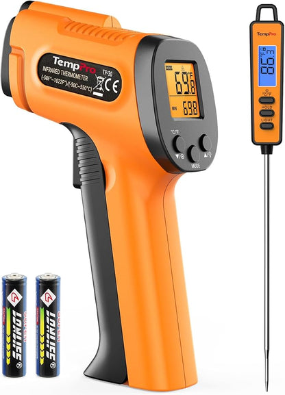 TempPro TempScan Infrared Thermometer Gun with Super Long Meat Probe | Temperature Gun with Laser for Pizza Oven Accessories, Grill Thermometer Gun Meat Thermometer for Cooking BBQ HVAC Car Engine
