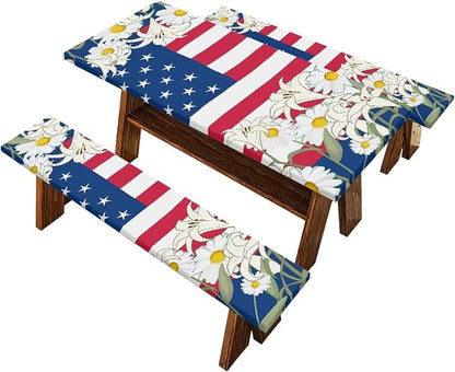 3 PCS Fitted Picnic Table Cover with Bench Cover Fitted Rectangle Tables and Seats Memorial Day Flag Outdoor Picnic Table Cover for Camping