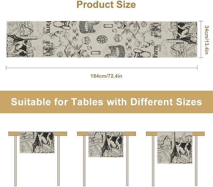 Farm Cow Thanksgiving Fall Table Runner, Tractor Milk Crop Fresh Market Farmhouse Kitchen Dining Table Decoration for Home Party 13x70 Inch