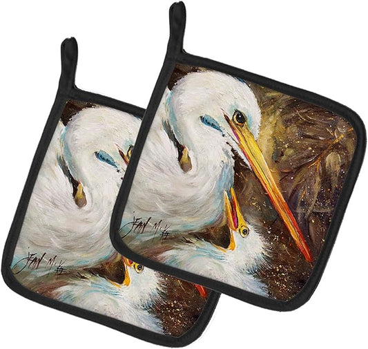 Caroline's Treasures JMK1211PTHD White Egret Feeding Baby Pair of Pot Holders Kitchen Heat Resistant Pot Holders Sets Oven Hot Pads for Cooking Baking BBQ, 7 1/2 x 7 1/2