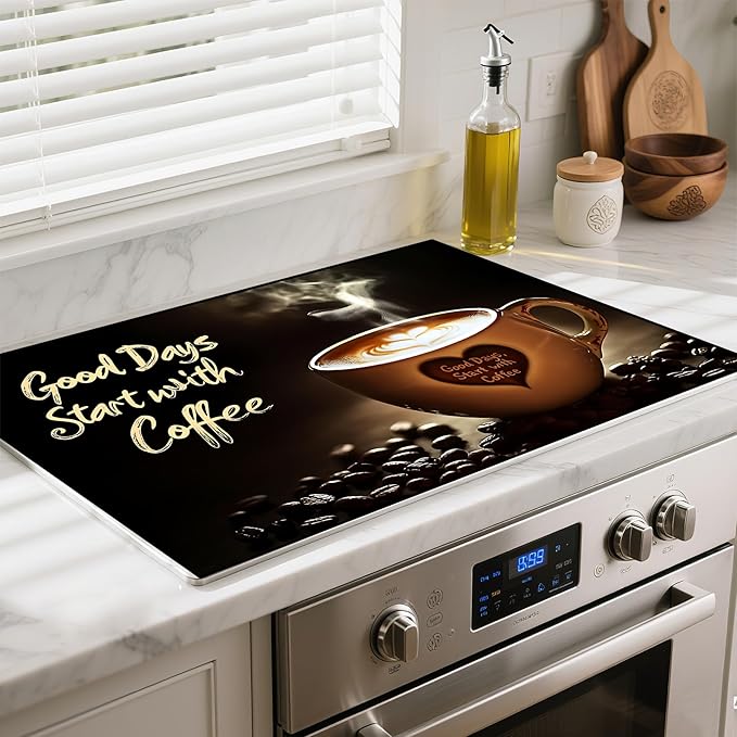 Heat-Resistant Glass Stove Top Cover with Anti-Slip Rubber Coating – Electric Stove Protector, Scratch-Resistant, Counter Space Decor Mat (coffee cup, 28.5"L x 20.5"W)