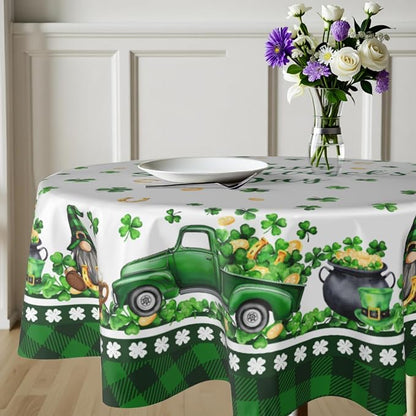 Sweetshow Happy St. Patrick's Day Gnomes Table Cloth Round Shamrock Trucks Green Hat Coin Buffalo Plaid Tablecloth 60 Inch Decor Washable Stain and Wrinkle Spring Round Table Cover for Dining Picnic