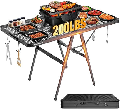 Raynesys Portable Folding Grill Table for Ourdoor, Camping, Picnic, BBQ | Foldable Grill Table with Mesh Desktop, 200lbs 4Ft Height Adjustable Metal Table, 47.24" L x 23.62" W