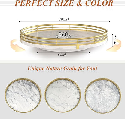 AMH 10-Inch White Marble Lazy Susan with Gold Frame | Smooth rotating oak tray with walnut finish for dining tables, kitchen counters, pantries and cabinet storage.
