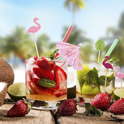 Minisland Pink Red Flamingo Cocktail Picks, 5 Inch Long Bamboo Fancy Toothpicks for Appetizers, Decorative Summer Tropical Hawaiian Party Food Drinks Garnish Fruit Skewer Sticks 100 Counts - MSL175