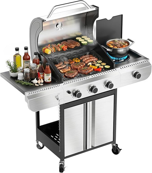R.W.FLAME 3-Burner Gas Grill with Side Burner, 34000 BTU Propane BBQ Grill, Stainless Steel Outdoor Grill with Porcelain-Enameled Grates for Backyard, Patio, Camping