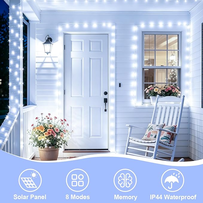 YEGUO 4 Pack White Solar Fairy Lights, Each 33ft 100 LED Christmas Lights Outdoor Waterproof, 8 Modes Sliver Wire Solar String Lights