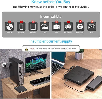 ORIGBELIE External CD DVD Drive, CD/DVD ROM +/-RW Adapter with USB Ports | USB 3.0 Type C Optical Disk Drive CD DVD Player Burner Reader Writer for Laptop PC Desktop Computer Macbook OS Windows Linux