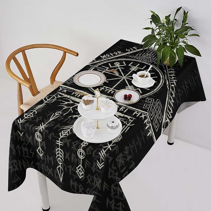 Vintage Viking Pattern Tablecloth, Gothic Helm of Terror Scandinavian Viking Seasonal Table Cloth Waterproof Wipeable Table Cover for Picnic Holiday Party Kitchen Dining 60x110