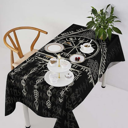 Vintage Viking Pattern Tablecloth, Gothic Helm of Terror Scandinavian Viking Seasonal Table Cloth Waterproof Wipeable Table Cover for Picnic Holiday Party Kitchen Dining 60x110