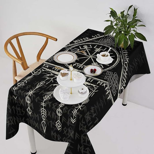 Vintage Viking Pattern Tablecloth, Gothic Helm of Terror Scandinavian Viking Seasonal Table Cloth Waterproof Wipeable Table Cover for Picnic Holiday Party Kitchen Dining 60x110