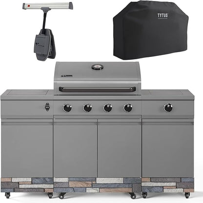Tytus Fresno 5-Burner Propane or Natural Gas Island Grill – 864 sq. in. Cooking, 48,000 BTU Main + 12,000 BTU Side Burner, Porcelain Grates, Storage Cabinets, Semi-Portable - GM/Ash Stone Starter Kit