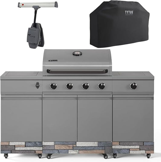 Tytus Fresno 5-Burner Propane or Natural Gas Island Grill – 864 sq. in. Cooking, 48,000 BTU Main + 12,000 BTU Side Burner, Porcelain Grates, Storage Cabinets, Semi-Portable - GM/Ash Stone Starter Kit