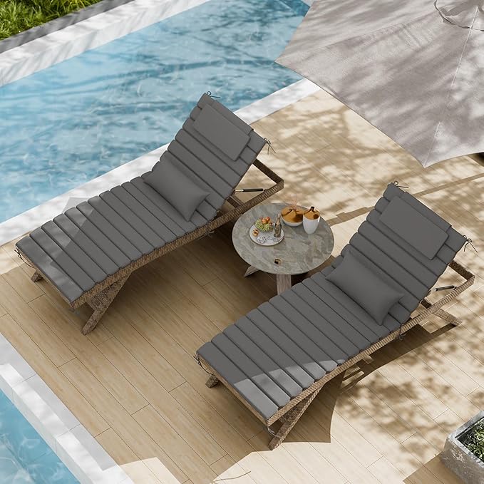 2 Sets of Outdoor Water-Resistant Olefin Chaise Lounge Cushions with Headrest and Pillow, Weather and Fade Resistant Foldable Quilted Lounge Chair Pads with Straps, Dark Gray, 73" L x 22" W
