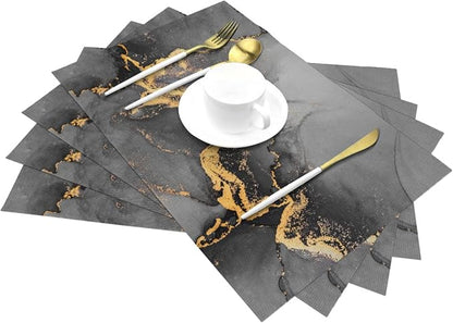Black Gray Gold Marble Placemats Set of 4 Linen Decorative Table Mat | For Dining Table Kitchen Farmhouse Outdoor Home Decor 12"x18" Abstract Modern Place Mats