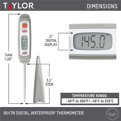 Taylor 9847 Waterproof Digital Instant Read Meat Food Grill BBQ Kitchen Cooking Thermometer, Comes with Sleeve Extender and Lanyard