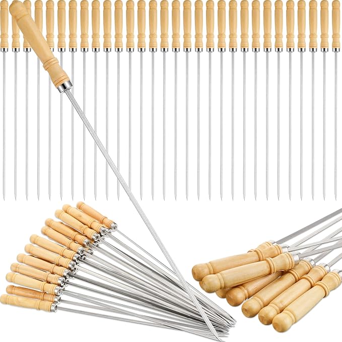 Minatee 16 Inch Kabob Skewer with Wood Handle for BBQ Camping Cookware Campfire Grill Cooking, Stainless Steel, Metal Skewers for Kabobs with Wood Handle (100 Pcs)